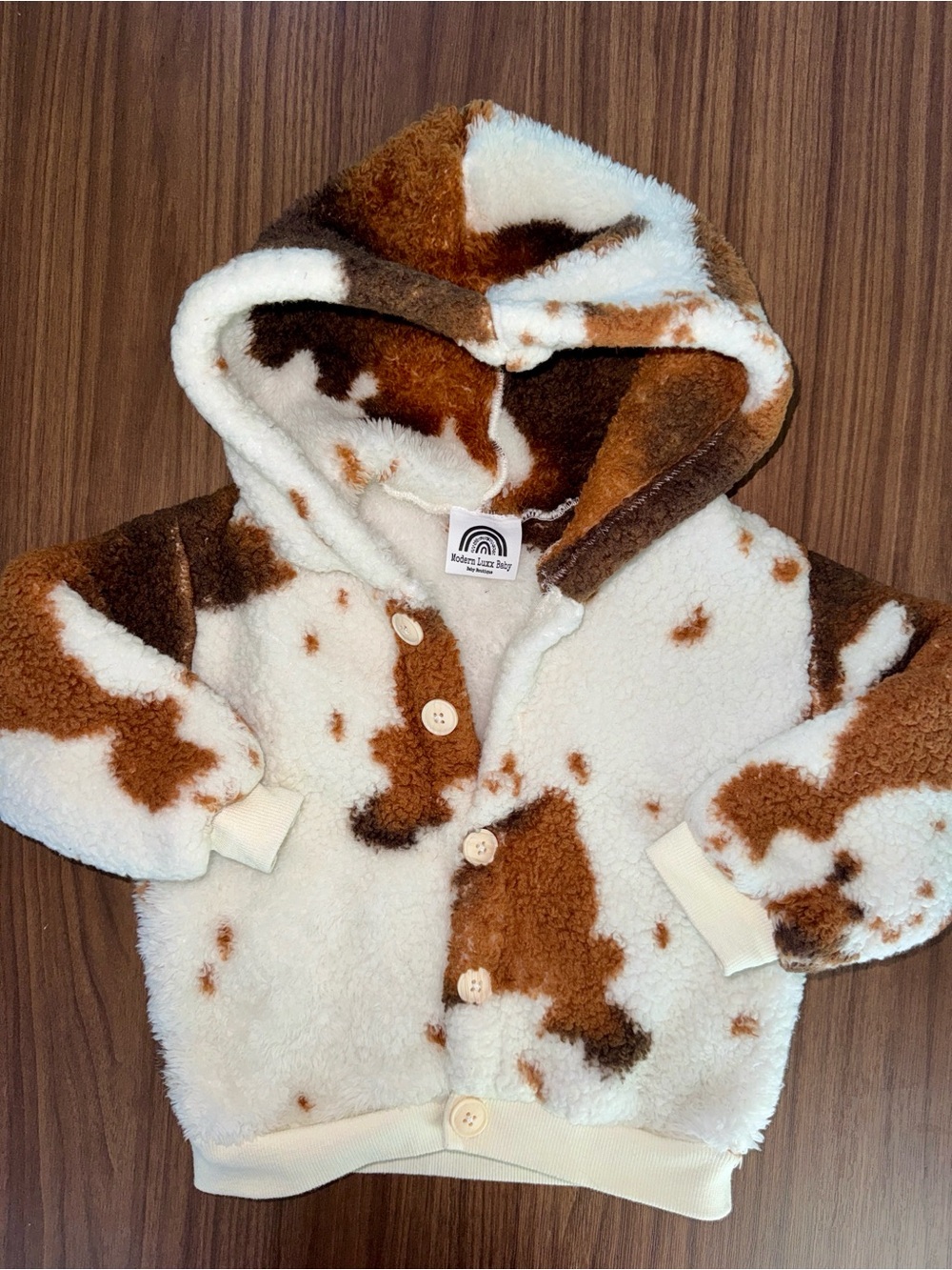Modern Lux Brown & Cream Cow Print Sherpa Hoodie for Kids